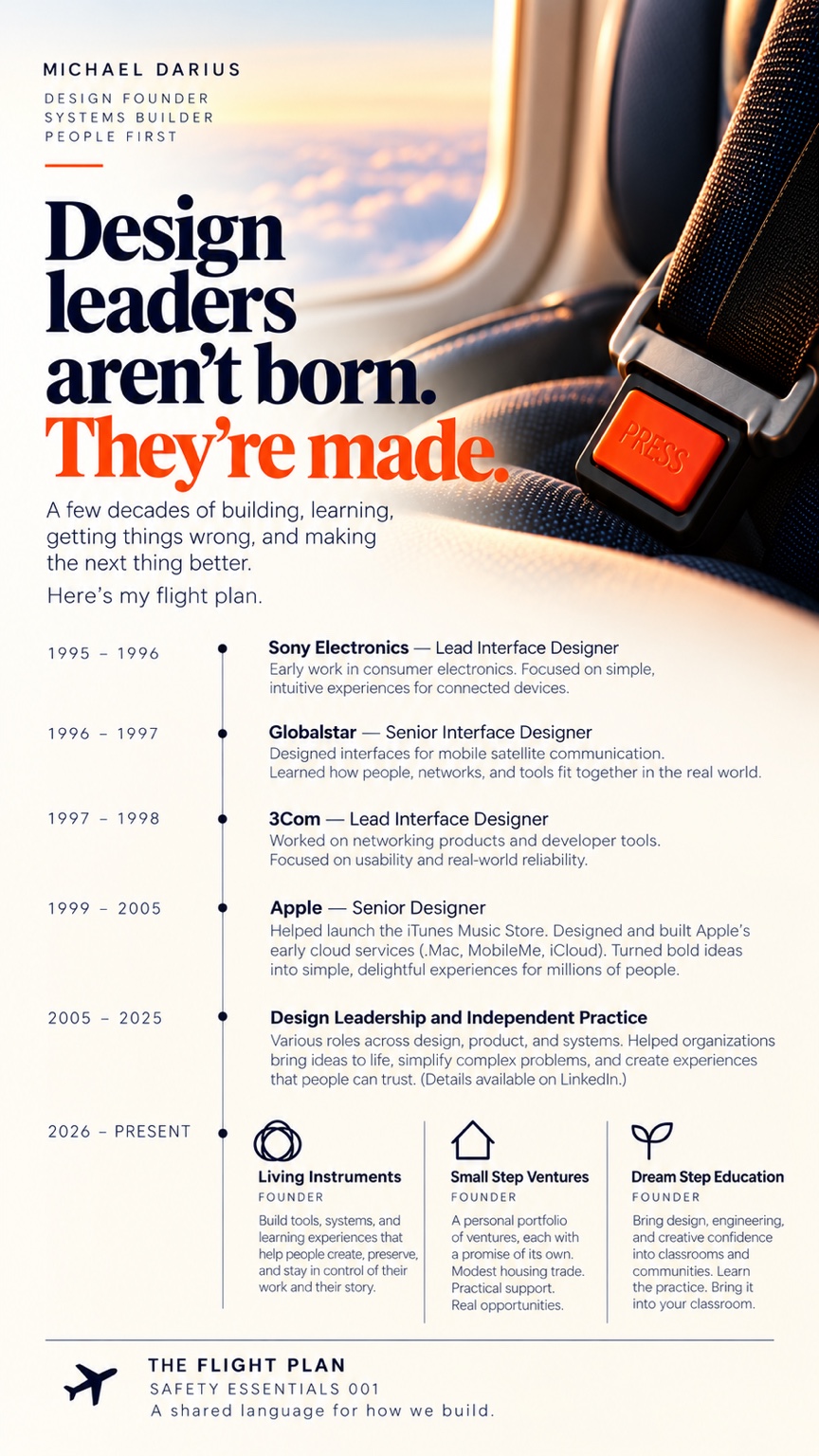 Original Safety Essentials 001: The Flight Plan artwork, featuring Michael Darius’s career timeline and the headline Design leaders aren’t born. They’re made. A text transcription appears in Meet the Engineer.