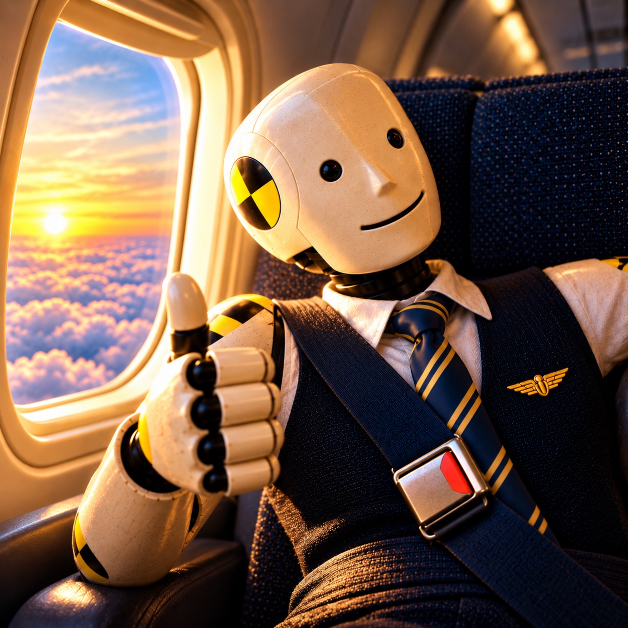 Smiling cream crash-test character with yellow-and-black markings, navy vest, white shirt and striped tie, buckled into an airplane seat and giving a thumbs-up at sunset.