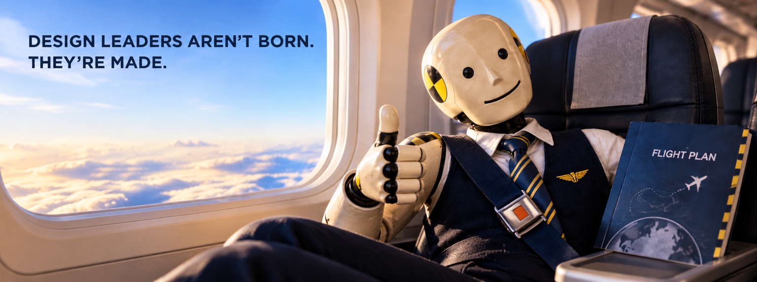 The Seatbelt Sales character sits beside an airplane window holding a Flight Plan booklet. The artwork reads: Design leaders aren’t born. They’re made.