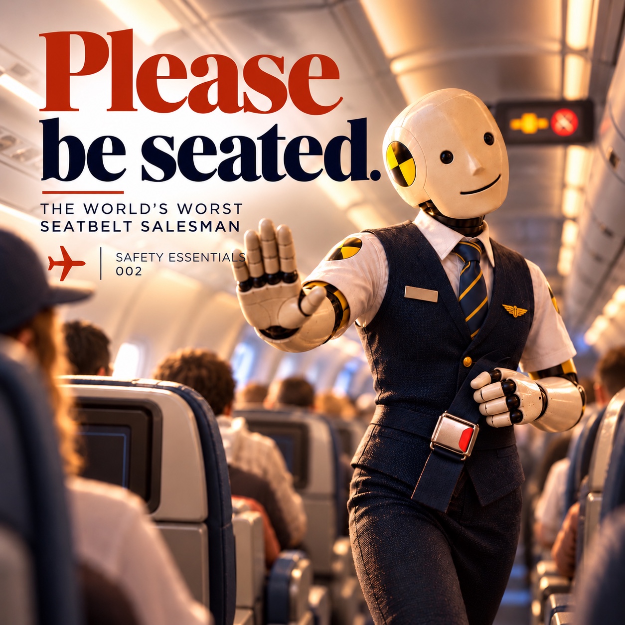 Original Please Be Seated artwork: the crash-test salesman gestures toward a seat in a warmly lit airplane cabin.