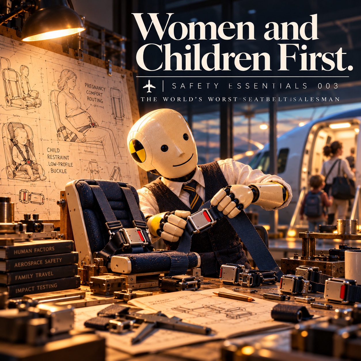 Original Women and Children First artwork: the salesman examines safety restraints at a workshop bench.